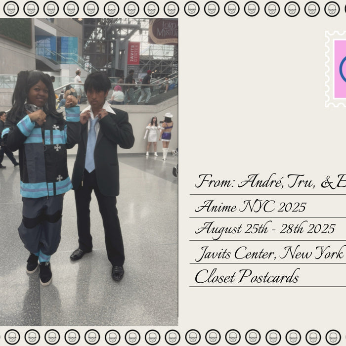 a post card with an image of tru and andre dressed in black and text that says details about their travels