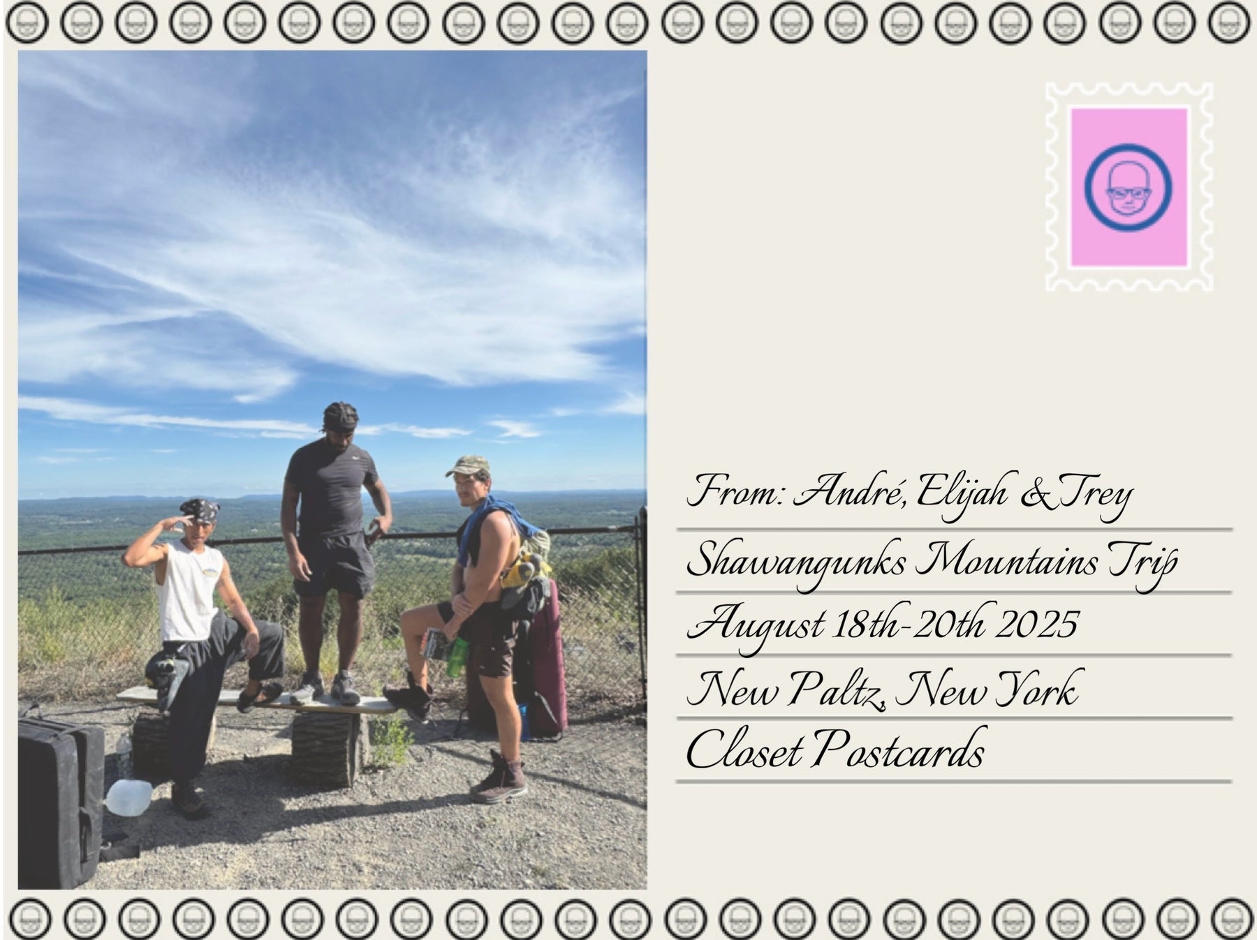 post card style photo with picture of trey, andre, elijah with a skyline nature background
