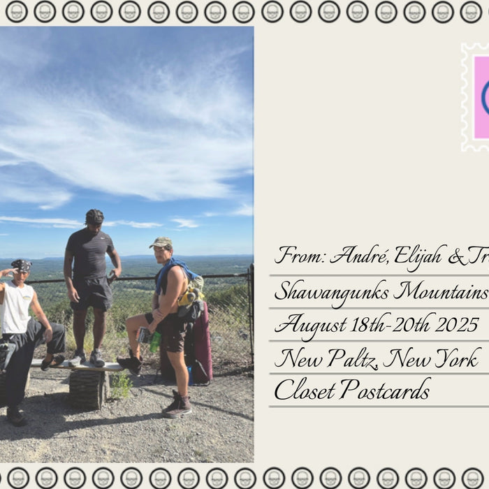 post card style photo with picture of trey, andre, elijah with a skyline nature background