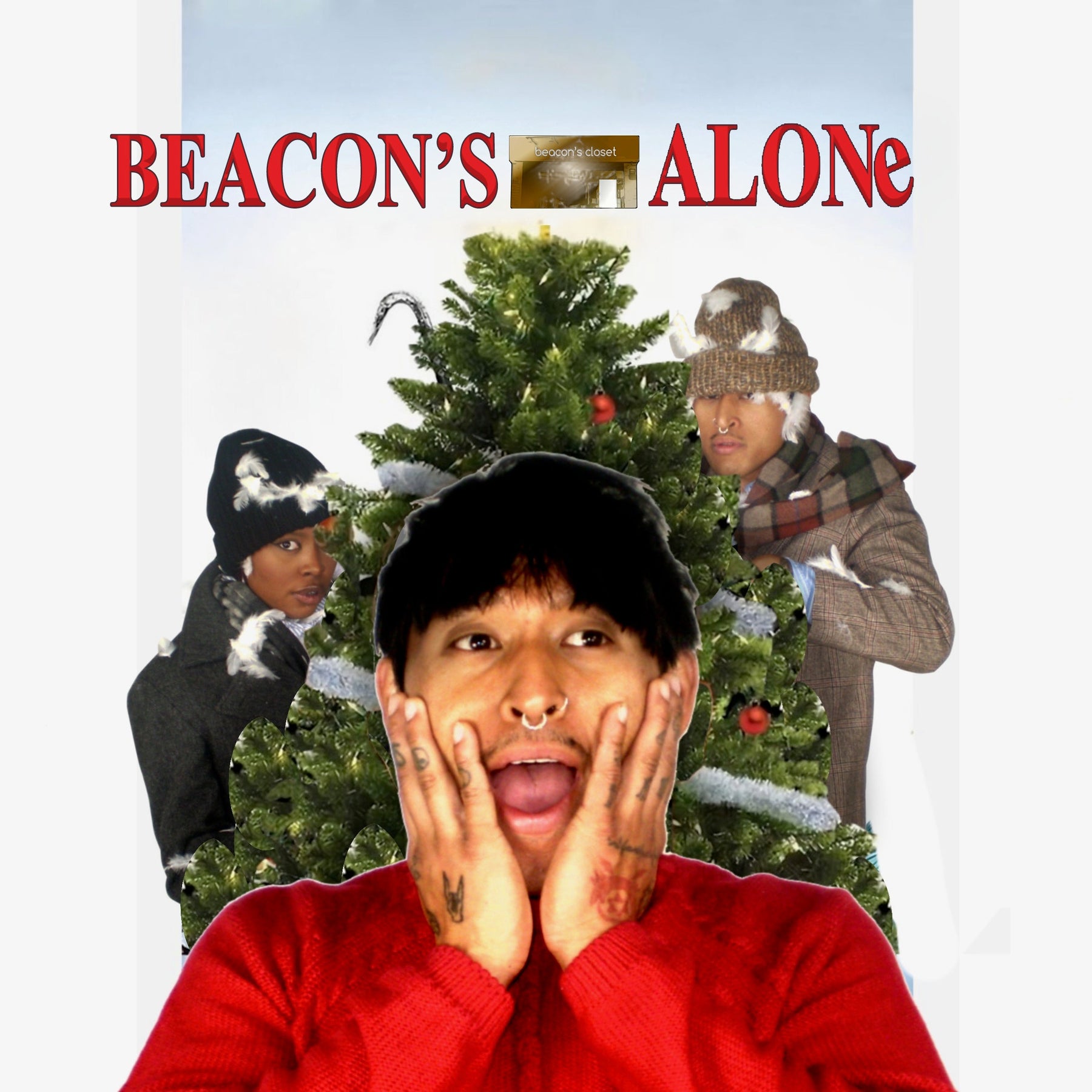 movie poster inspired by Home Alone movie. andre wearing red sweater, christmas tree in background with the bad guys