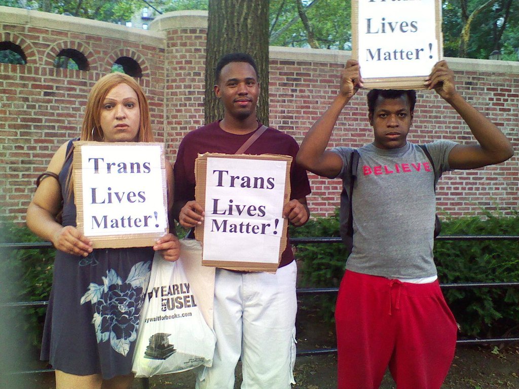 three protesters with signs that read 'trans lives matter!'