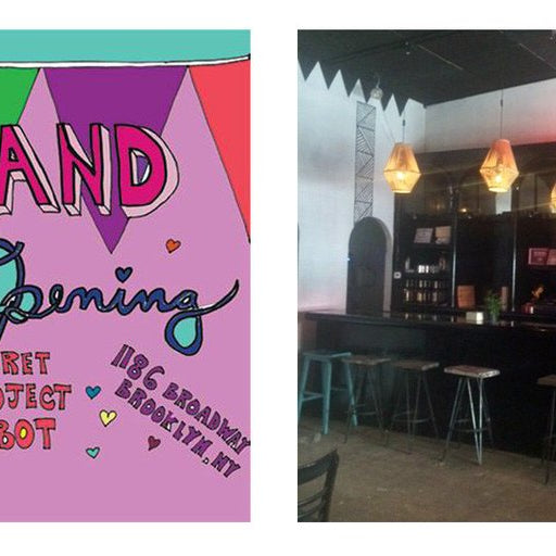 diptych with image of bar and flyer: grand re-opening may 4th secret project robot. 1186 broadway brooklyn, ny. 