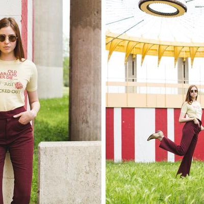 diptych of model posing at new york world fair site wearing a t shirt that says old librarians never get old they just get checked out.