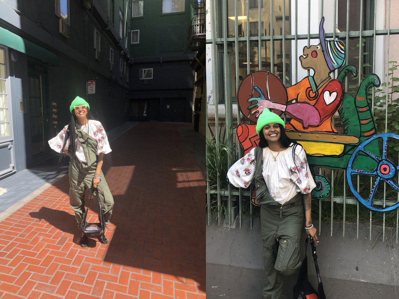 diptych of crystal in coveralls and blouse standing in alley and crystal anderson in front of art on fence.