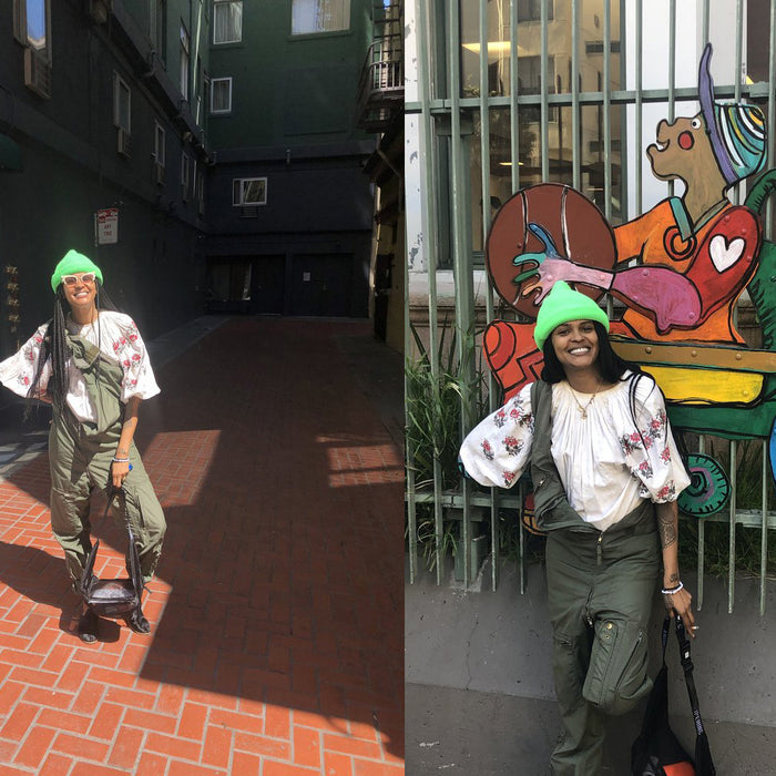 diptych of crystal in coveralls and blouse standing in alley and crystal anderson in front of art on fence.