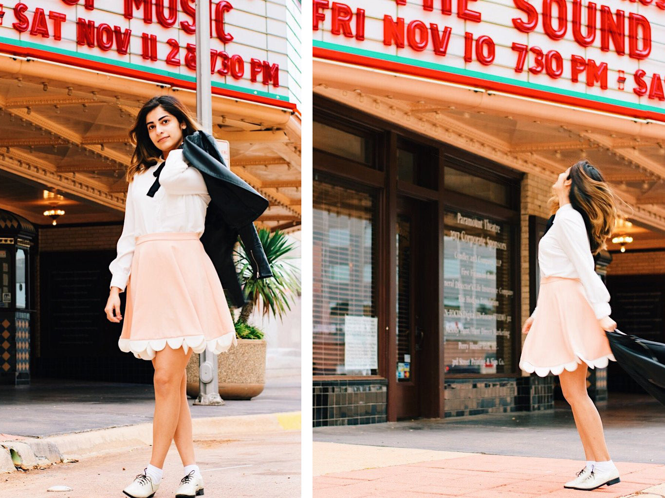 diptych of destiny velasquez in skirt and blouse in front of venue with 'the sound of music', date, and time listing on marquis.