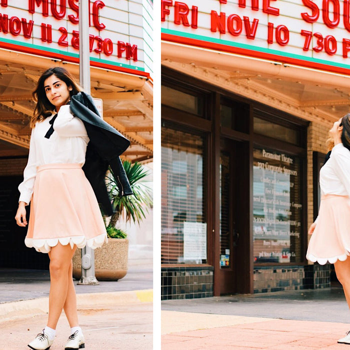 diptych of destiny velasquez in skirt and blouse in front of venue with 'the sound of music', date, and time listing on marquis.