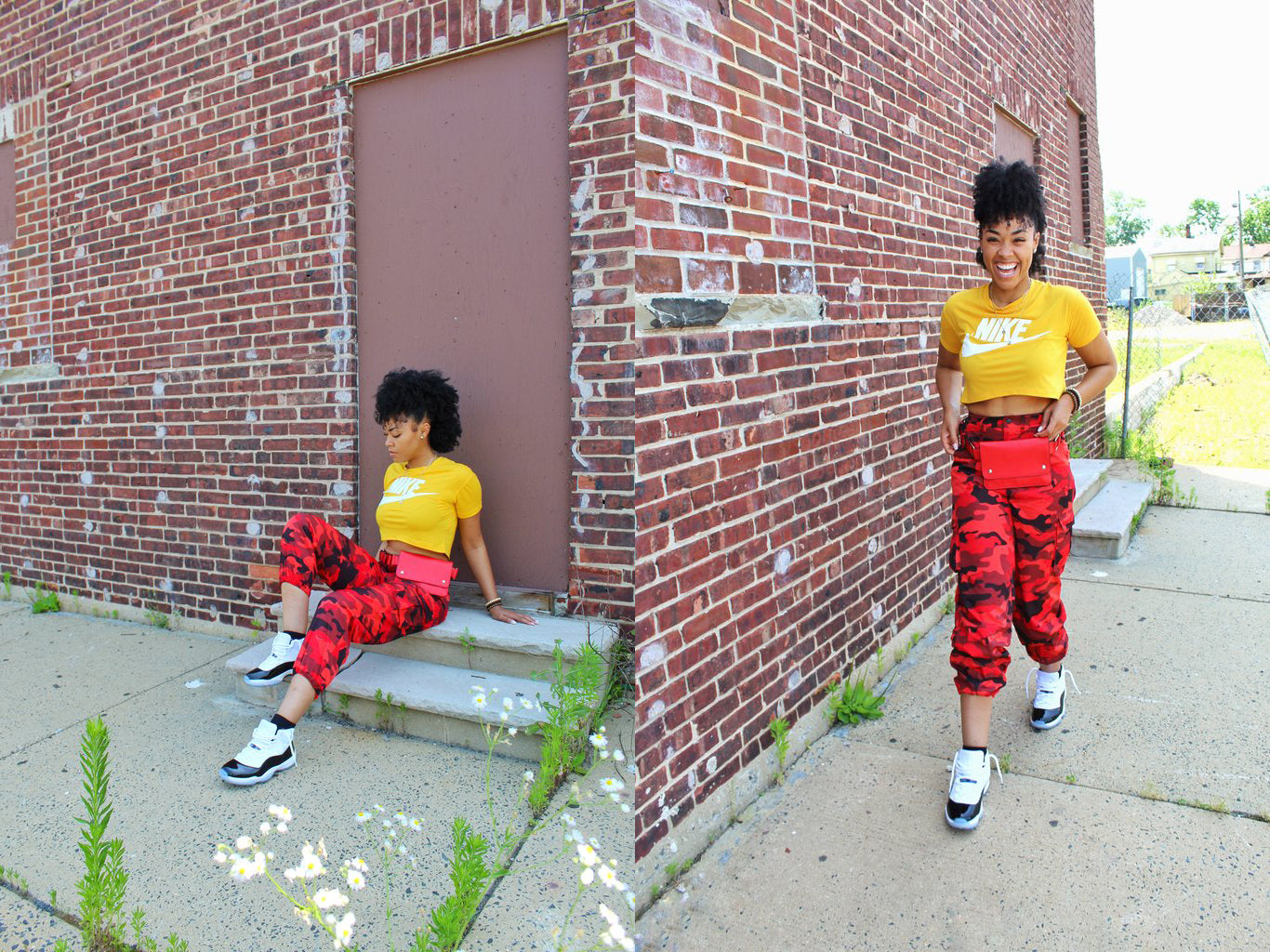 diptych taylor jenée in camo pants and 'nike' t-shirt sitting on cement stairs and taylor jenée walking next to brick building.