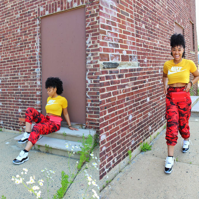 diptych taylor jenée in camo pants and 'nike' t-shirt sitting on cement stairs and taylor jenée walking next to brick building.