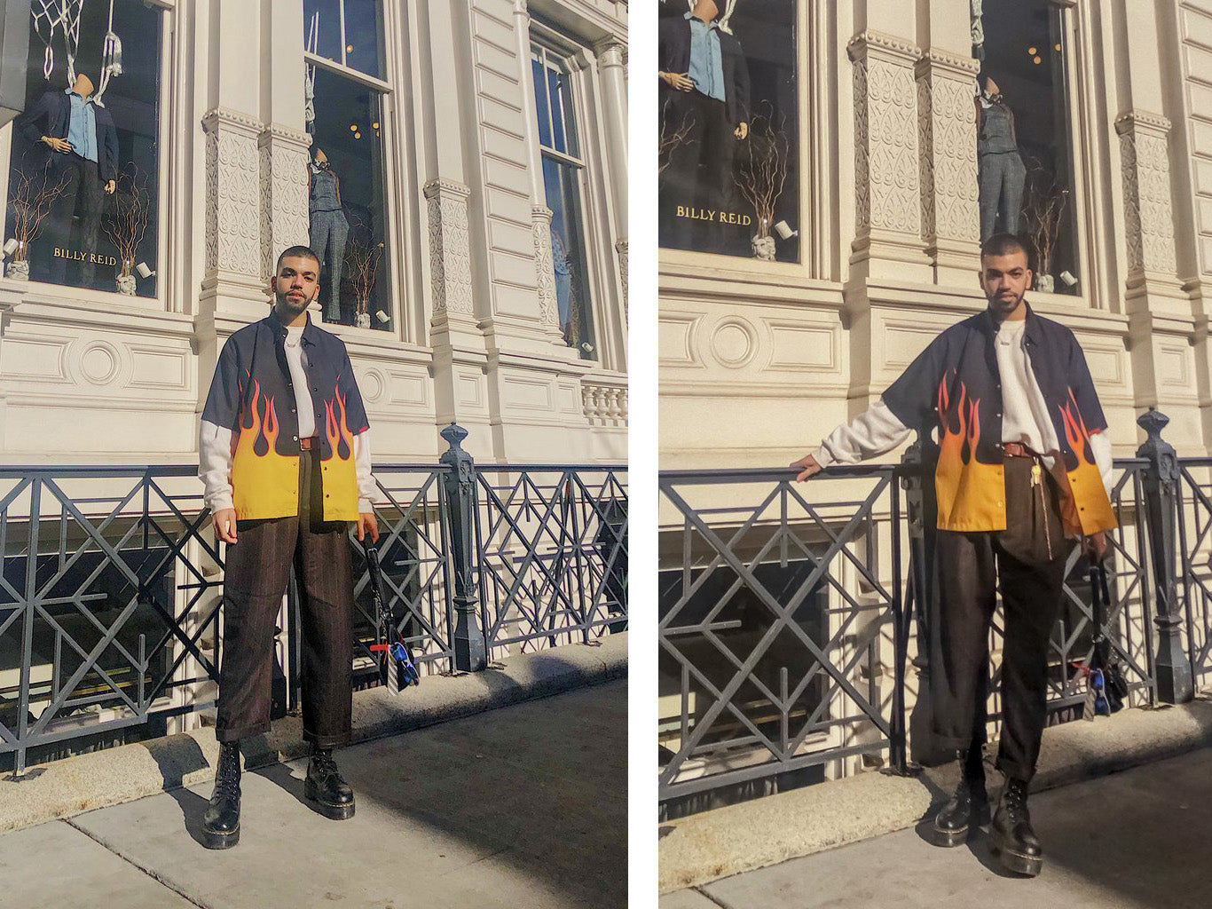 diptych sam diorr in flame shirt in front of 'billy' reid store and sam diorr holding onto metal fence.