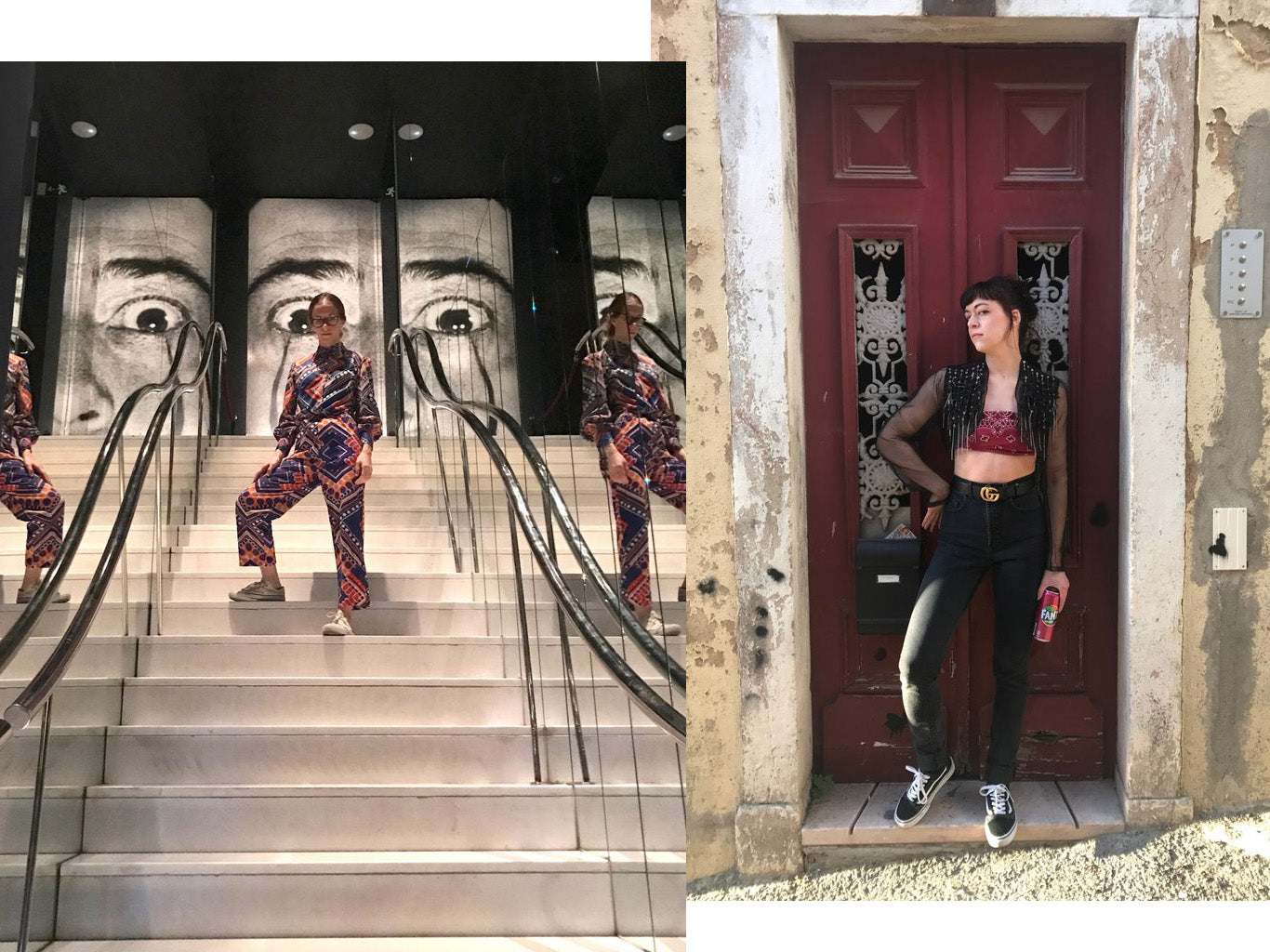 left to right: person posing at stairs of salvador dali museum, and a person posing with hand on waist in front a red door. 