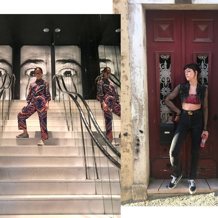 left to right: person posing at stairs of salvador dali museum, and a person posing with hand on waist in front a red door. 