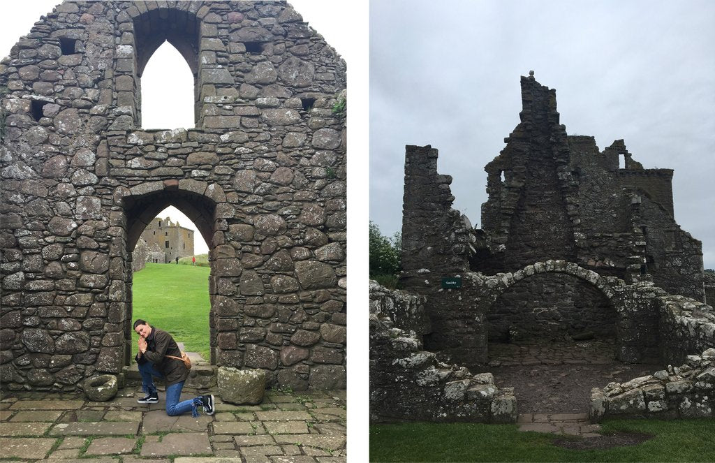 two pictures: one of a person in front of an old castle and the other one a castle ruins.