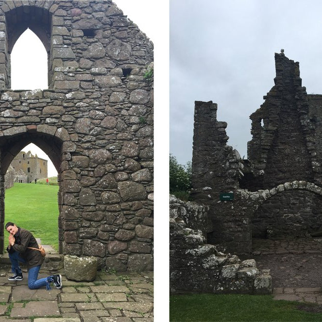 two pictures: one of a person in front of an old castle and the other one a castle ruins.