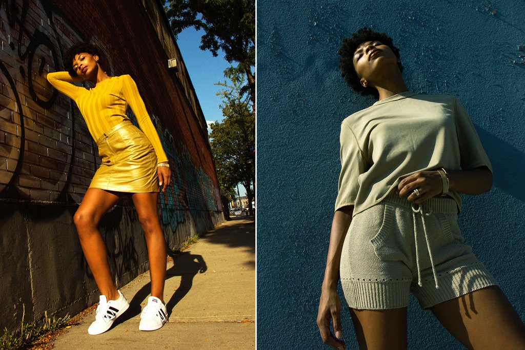 diptych of mel leaning against brick wall in long sleeve top and leather skirtand mel leaning back on wall in knit shorts and t-shirt.