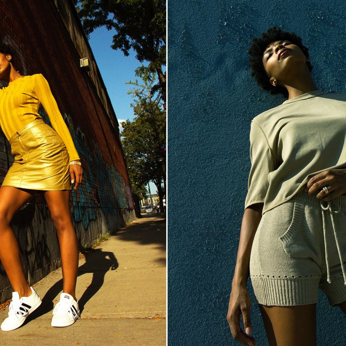 diptych of mel leaning against brick wall in long sleeve top and leather skirtand mel leaning back on wall in knit shorts and t-shirt.