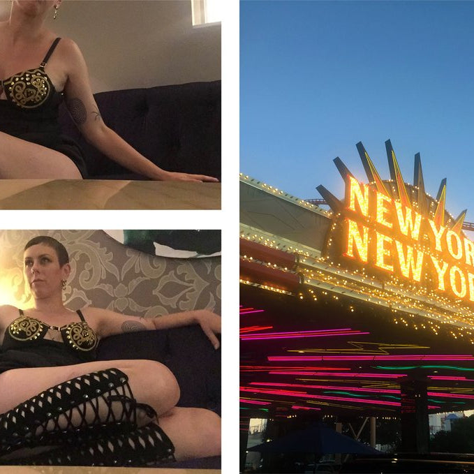 combination of images of a person sitting on a couch, and a 'new york new york' neon sign .