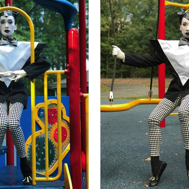 diptych of alex in costume at playground and alex in costume sitting on playground railing. 
