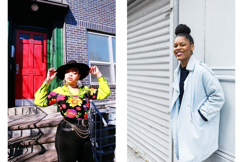 diptych of jarae in floral top and jeans in front of brick building and nailah leaning against wall in denim coat.