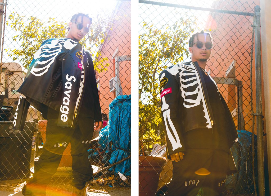 diptych of levygrey with draped skeleton themed leather jacket with 'savage' on sleeve and levygrey in jacket in front of fence.