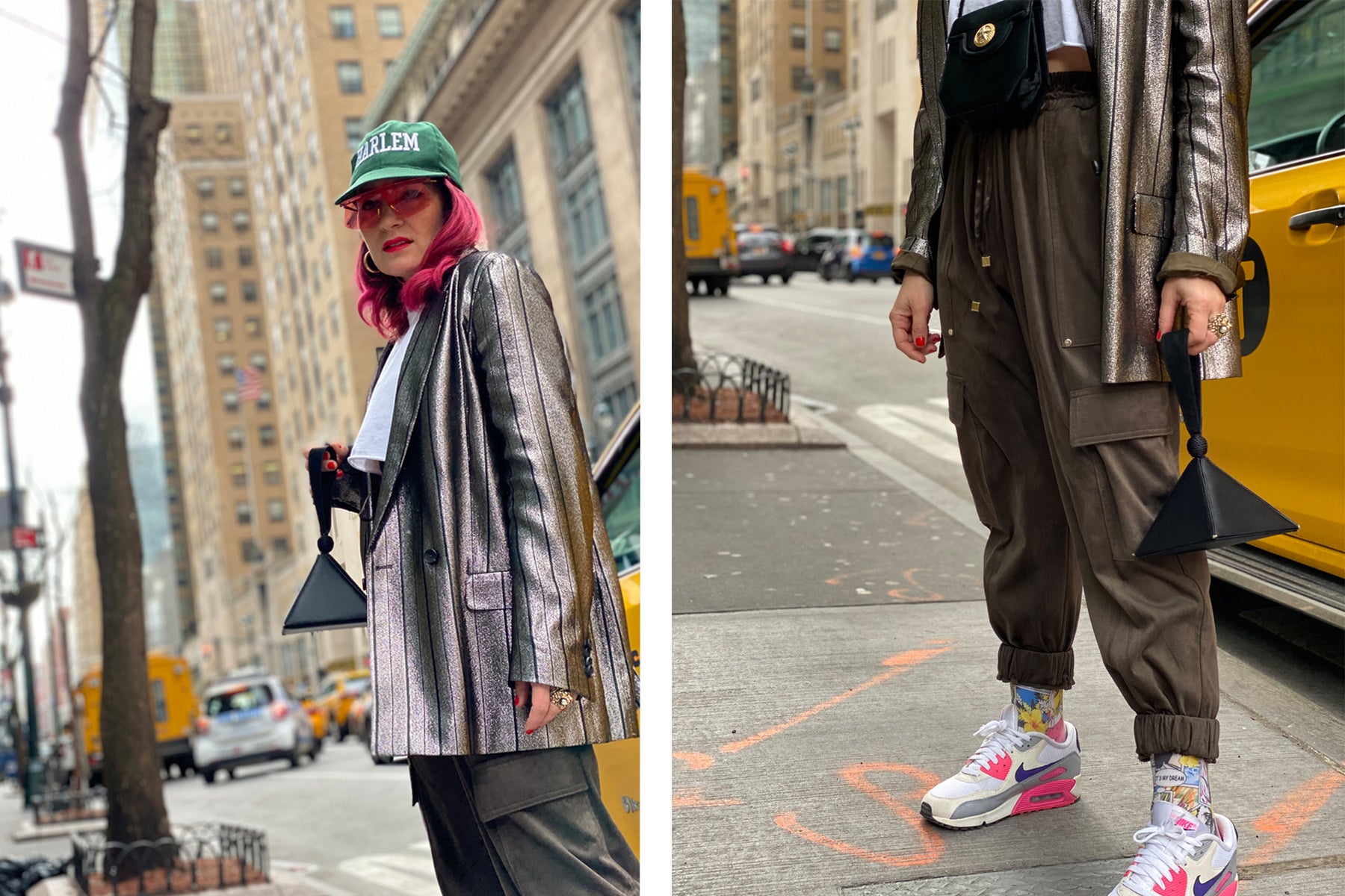 diptych of veronica on nyc street wearing 'harlem' text cap and lower portion of veronica wearing cargo pants