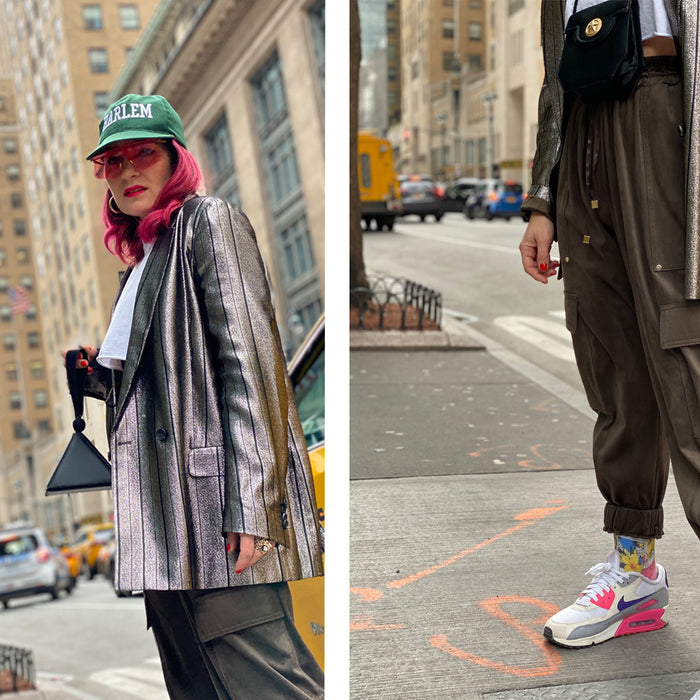 diptych of veronica on nyc street wearing 'harlem' text cap and lower portion of veronica wearing cargo pants