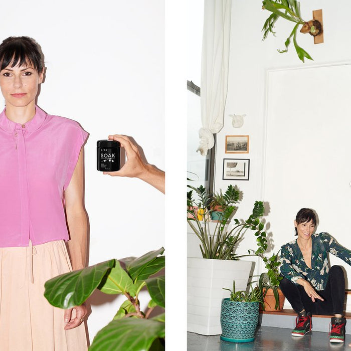 diptych of sasha nialla in blouse and skirt with hand coming into frame holding 'prāz', 'soak' jar and sasha nialla crouching with child.