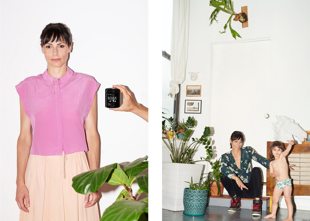 diptych of sasha nialla in blouse and skirt with hand coming into frame holding 'prāz', 'soak' jar and sasha nialla crouching with child.