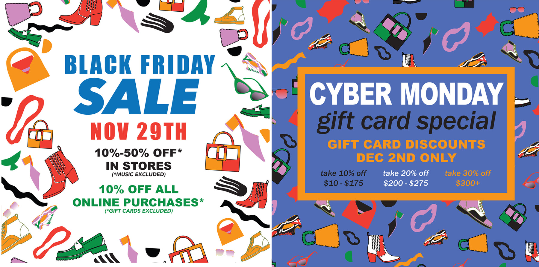 diptych flyers: black friday sale nov 29th in stores (music excluded) 10% off all online purchases * (gift cards excluded). and flyer: cyber monday gift card special gift card discounts dec 2nd only, full description of flyers in blog. 