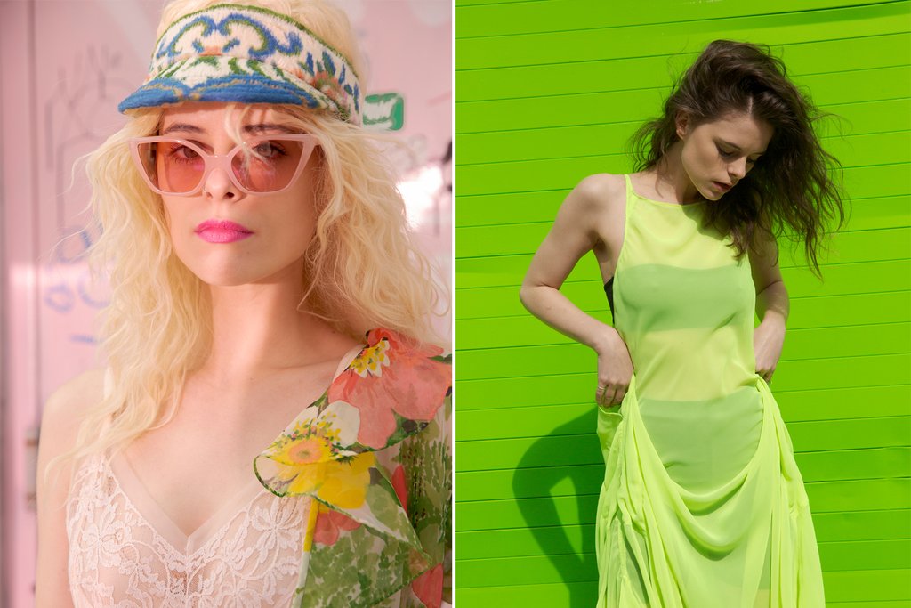 diptych of model in two featured looks. 