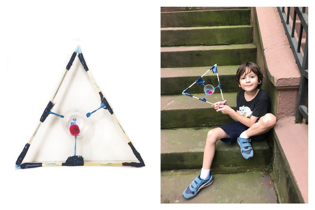 diptych of founders son and the catapult they designed and built. 