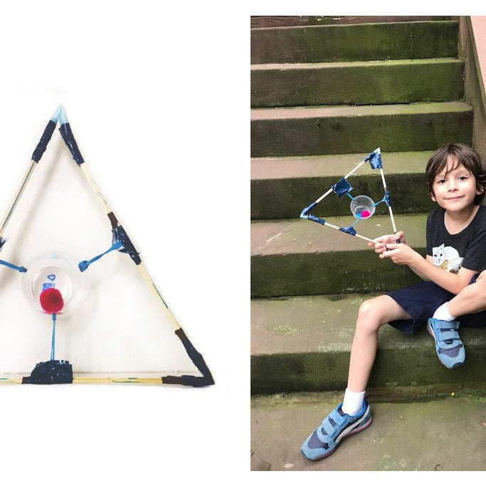 diptych of founders son and the catapult they designed and built. 
