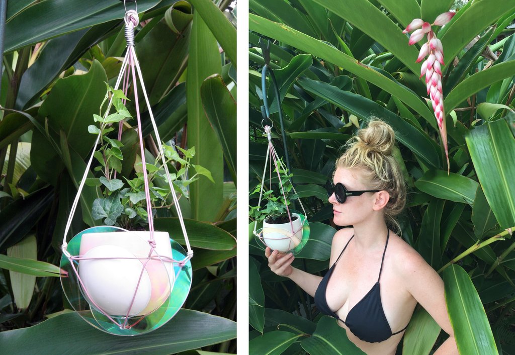 left to right: hanging planter, and a person holding plant with foliage in the back. 