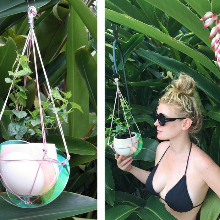 left to right: hanging planter, and a person holding plant with foliage in the back. 