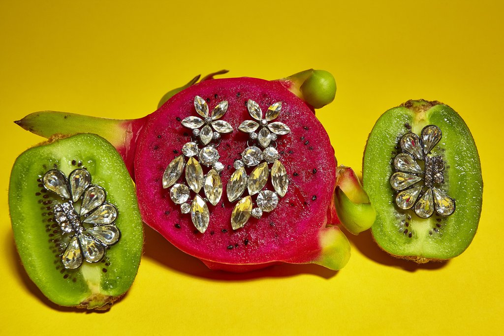 kiwi and dragon fruit with earrings still life. 