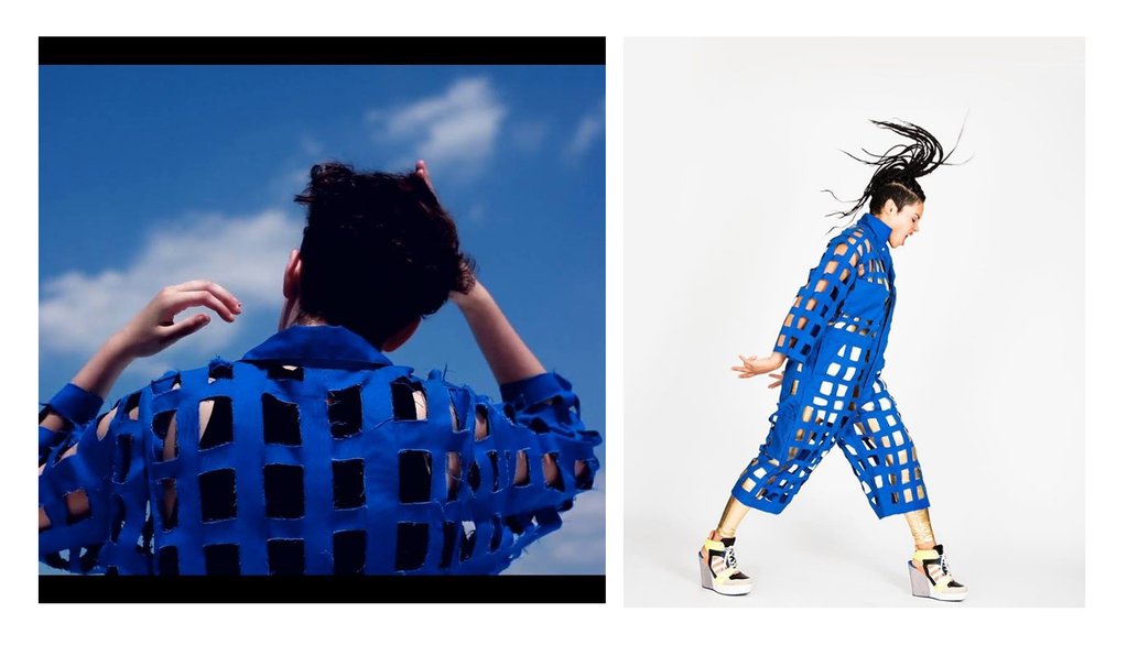 first image: person on back, slight arm movements, blue sky backdrop. second image: person profile, wearing blue outfit and high heels, hair creating wave form - full body shot. 