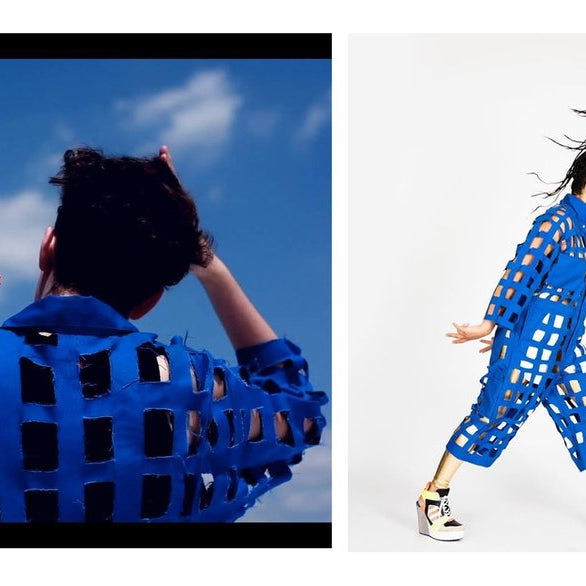 first image: person on back, slight arm movements, blue sky backdrop. second image: person profile, wearing blue outfit and high heels, hair creating wave form - full body shot. 