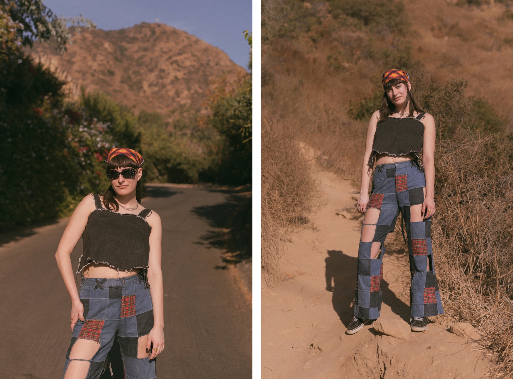 jessi wearing jeans and sunglasses, and full body in a dirt path.