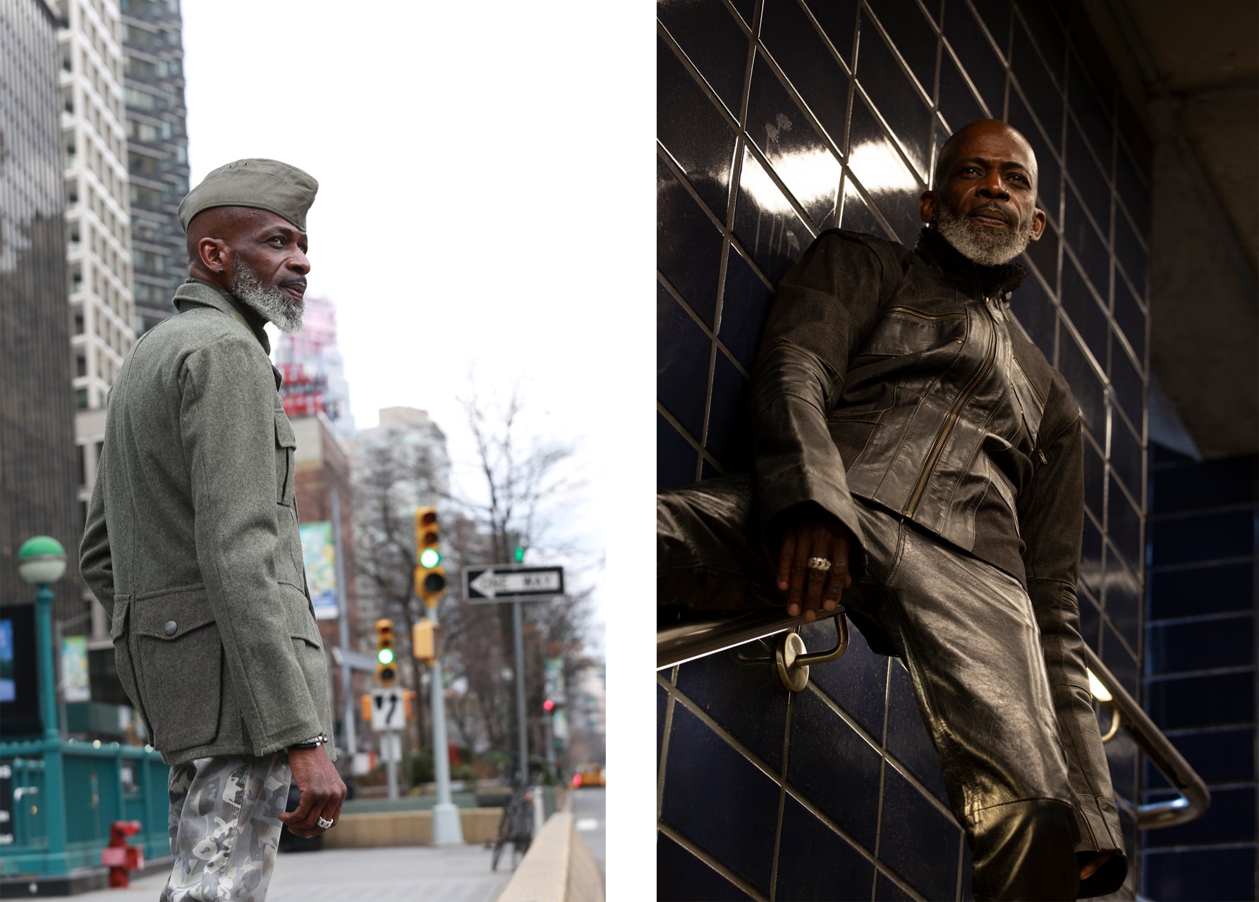 diptych of macwell on nyc street 'one way' sign in background and macwell posing on railing.