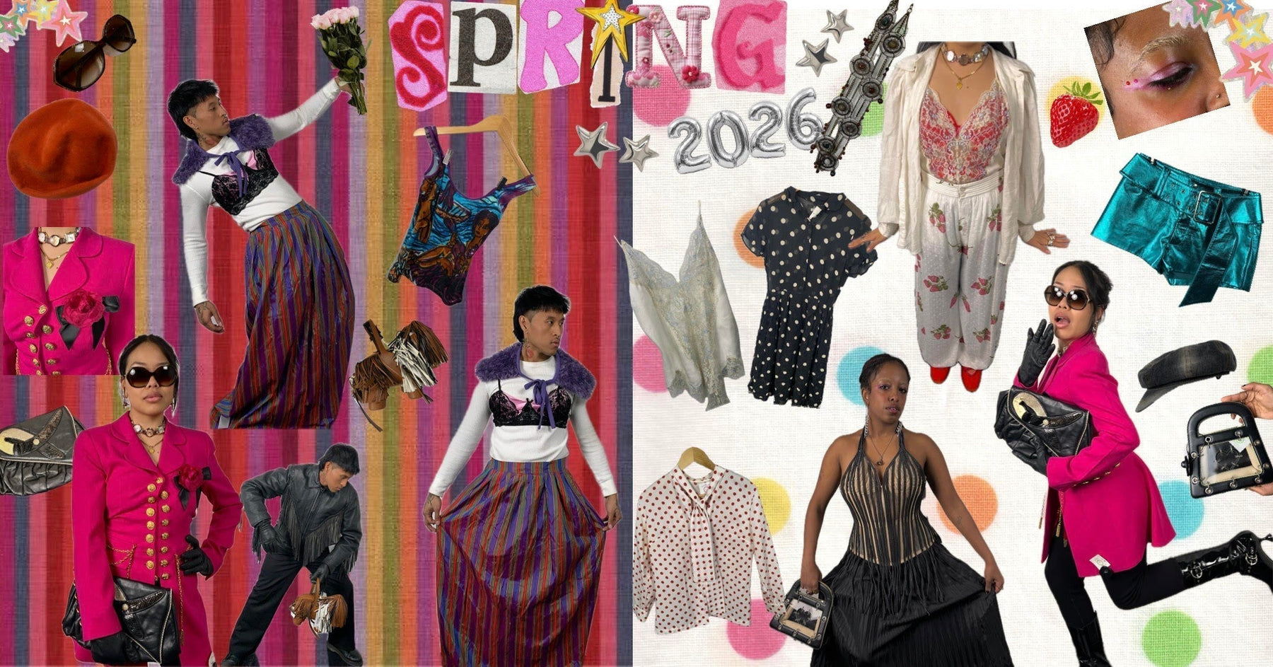 Collage of fashion items and models with 'Spring 2026' text on a colorful background.
