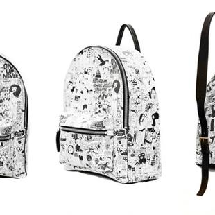 triptych of different angles of amit's drawings on a backpack.