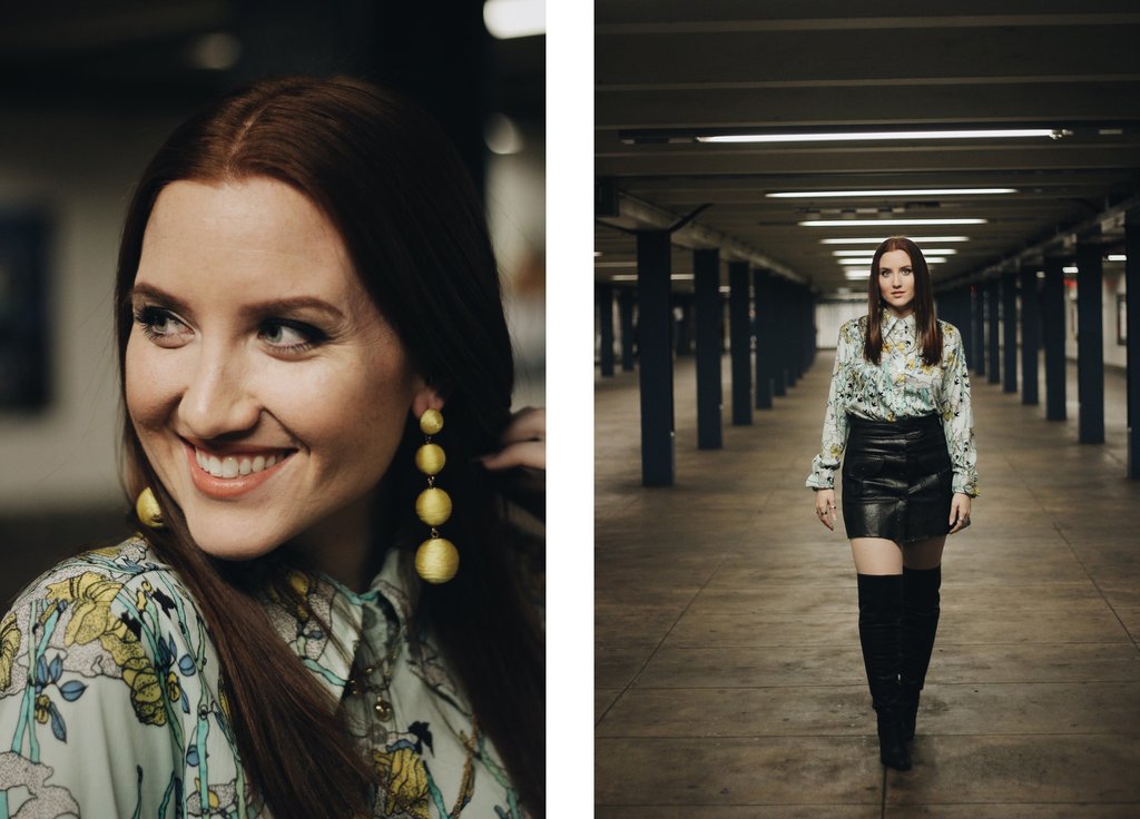 diptych of dj whitney portrait wearing vintage top and drop earrings and dj whitney standing in nyc subway.