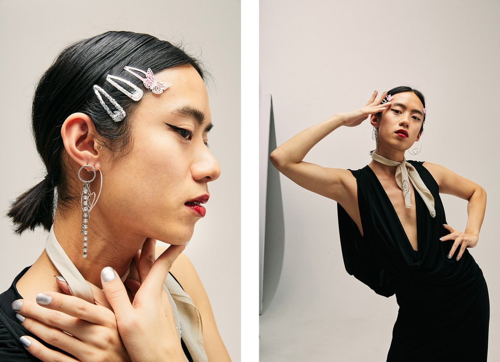 diptych yên profile portrait featuring earrings and barrettes and yên leaning against wall in draped dress.