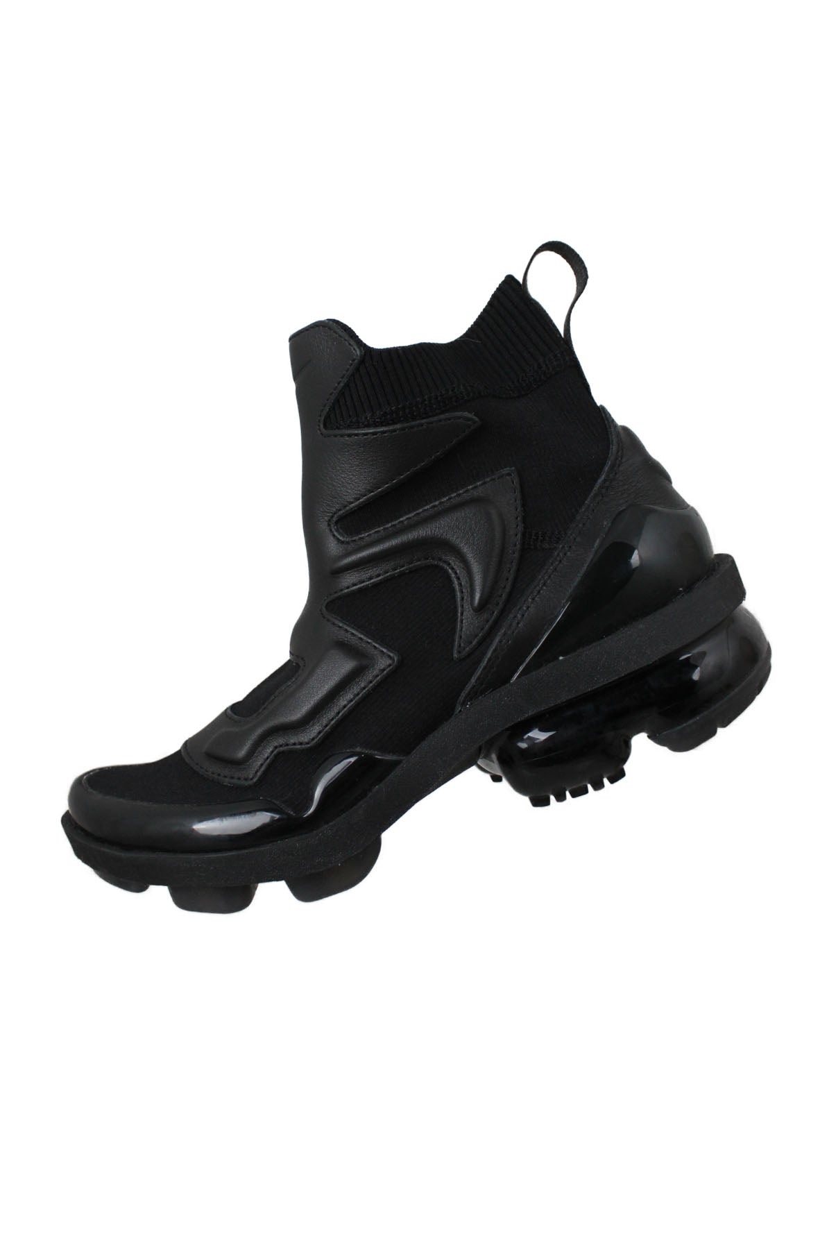 side angle of nike black vapormax light 2 high top boot sneaker. 
