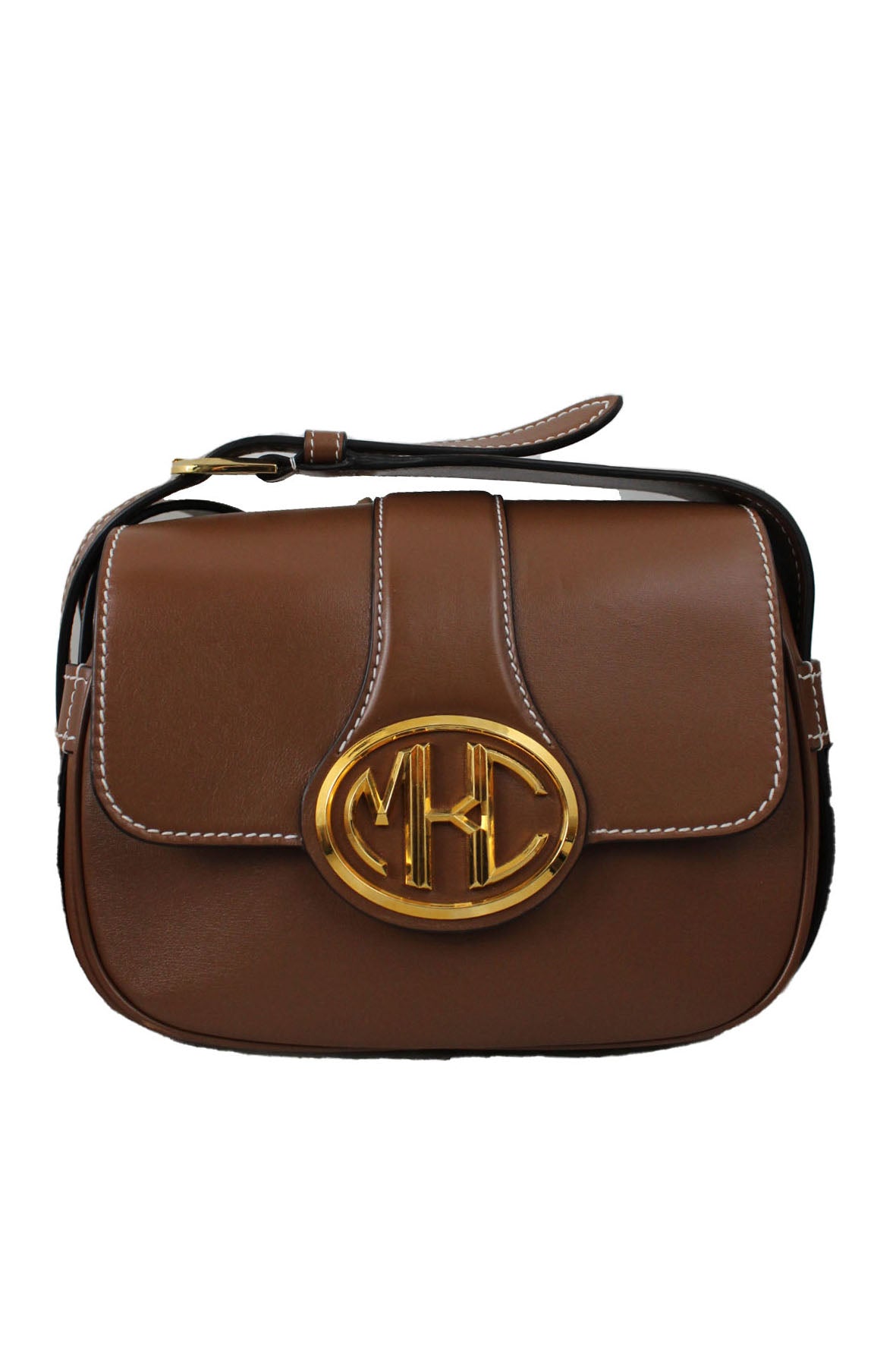 front of michael kors brown crossbody bag. features contrast stitching in white, flap top, gold toned hardware, adjustable straps, branded design embossed at top, pockets at interior, and snap button closure. 