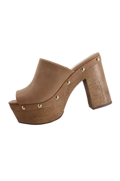 vince camuto light brown platform mule. slip on shoe features an almond, open toe, gold-tone stud details, wood grain on midsole, ~4" block heel and a suede leather upper.