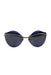 marc jacobs blue and muted gold toned rimless cat eye sunglasses. features branding at temples, rounded glitter upper, metal frame extends from arms across front of frame, non-slip temples, high-end optical hinges, and integrated nose pads.