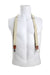 front view of unlabeled beige adjustable elastic suspenders. features leather accents and metal clasps. 