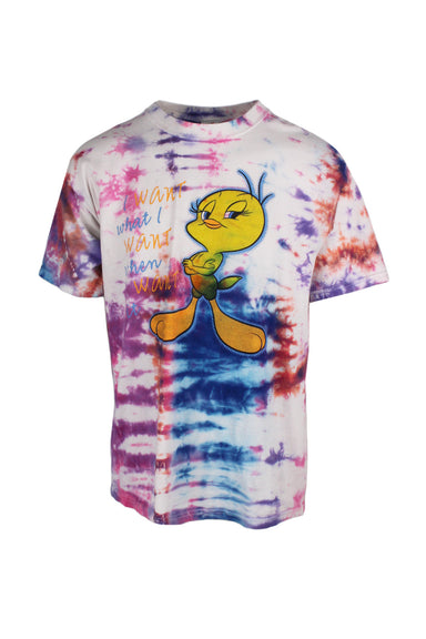 vintage looney tunes multi-colored diy tie dye tweety bird t-shirt. features tie-dye shell, tweedy bird graphic with text that reads 'i want what i want when i want it,' ribbed crew neckline, short sleeves, relaxed fit. 