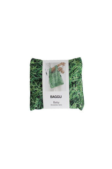  baggu green grass baby reusable tote bag. features lightweight nylon fabric, two handles, and branded outer tag. 